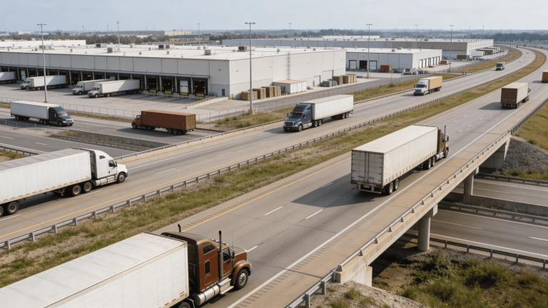 Freight-trucks-moving-along-highways-near-distribution-facilities